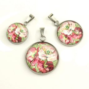   Nemesacél üveglencsés medál - választható méretben - virágmintás, pipacsos (3002)
