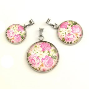   Nemesacél üveglencsés medál - választható méretben - virágmintás (3400)