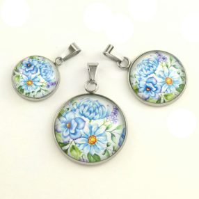   Nemesacél üveglencsés medál - választható méretben - virágmintás (3401)