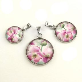   Nemesacél üveglencsés medál - választható méretben - virágmintás (3402)