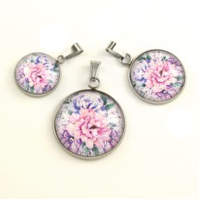   Nemesacél üveglencsés medál - választható méretben - virágmintás (3403)