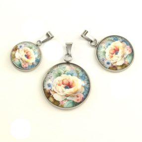   Nemesacél üveglencsés medál - választható méretben - virágmintás (3406)