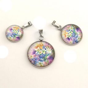   Nemesacél üveglencsés medál - választható méretben - virágmintás (3407)