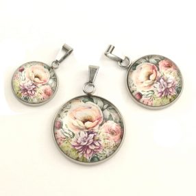   Nemesacél üveglencsés medál - választható méretben - virágmintás (3408)