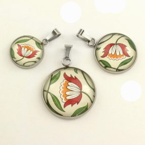   Nemesacél üveglencsés medál - választható méretben - virágmintás (3409)