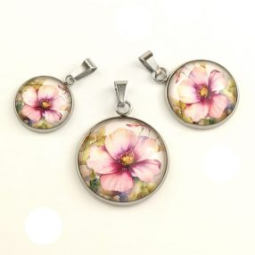   Nemesacél üveglencsés medál - választható méretben - virágmintás (3410)