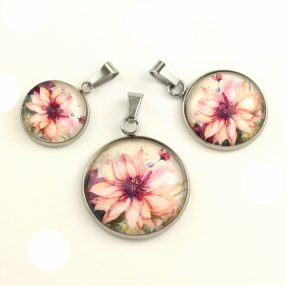   Nemesacél üveglencsés medál - választható méretben - virágmintás (3412)