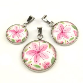   Nemesacél üveglencsés medál - választható méretben - virágmintás (3415)