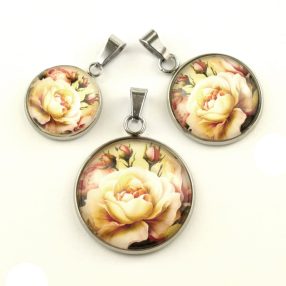   Nemesacél üveglencsés medál - választható méretben - rózsa virágmintás (3416)