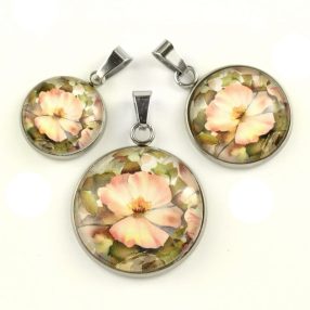  Nemesacél üveglencsés medál - választható méretben - virágmintás (3417)