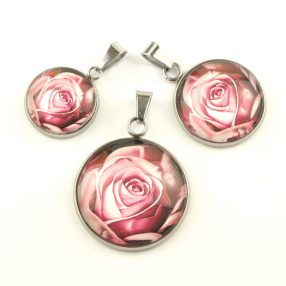   Nemesacél üveglencsés medál - választható méretben - rózsa virágmintás (3418)