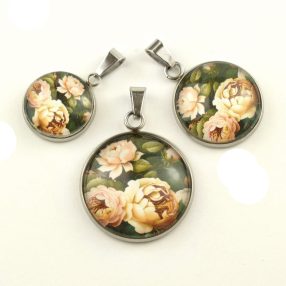   Nemesacél üveglencsés medál - választható méretben - rózsa virágmintás (3419)