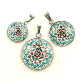   Nemesacél üveglencsés medál - választható méretben - mandala (5033)