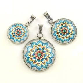   Nemesacél üveglencsés medál - választható méretben - mandala (5034)