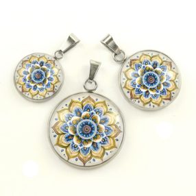   Nemesacél üveglencsés medál - választható méretben - mandala (5037)