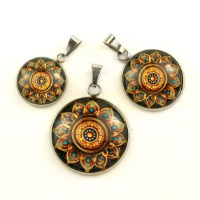   Nemesacél üveglencsés medál - választható méretben - mandala (5078)