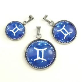   Nemesacél üveglencsés medál - választható méretben - horoszkóp, csillagjegy - ikrek (9002)