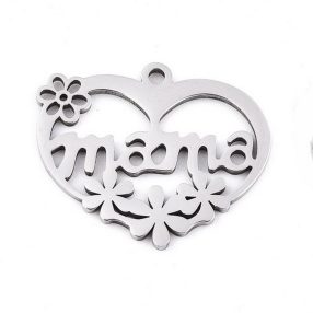   Nemesacél medál / fityegő - 17x20,5x1mm-es szív "Mama" felirattal