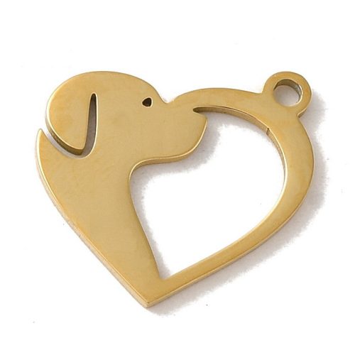 Nemesacél medál / fityegő - 15x13x1mm-es arany színű kutya-szív