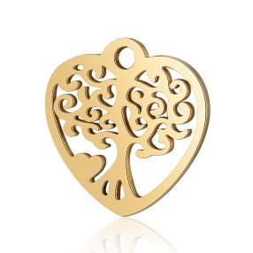   Nemesacél medál / fityegő - 15,5x15,5x1mm-es arany színű életfa szív