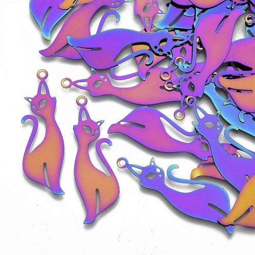 Nemesacél filigrán medál / fityegő - 39x12x0,3mm-es szivárvány színű cica