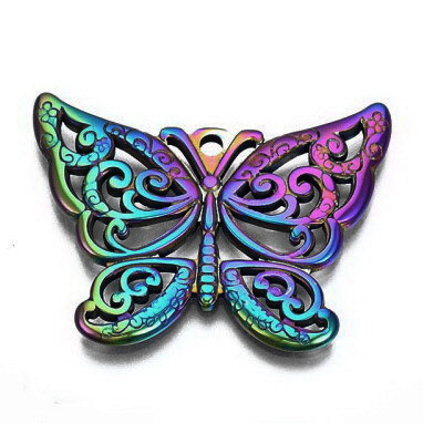Nemesacél medál - 24x30x2mm-es szivárvány színű pillangó