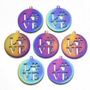   Nemesacél filigrán medál / fityegő - 33x30x0,3mm-es szivárvány színű LOVE tappancs mancs