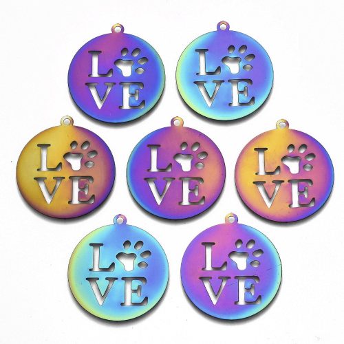 Nemesacél filigrán medál / fityegő - 33x30x0,3mm-es szivárvány színű LOVE tappancs mancs