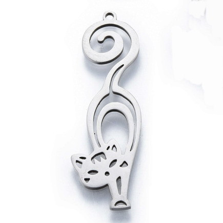 Nemesacél medál / fityegő - 39x12x1mm-es cica