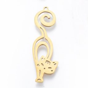   Nemesacél medál / fityegő - 39x12x1mm-es arany színű cica