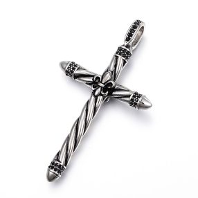   Antikolt nemesacél medál - 77x43x10mm-es strasszos Fleur De Lis kereszt