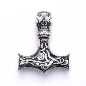   Antikolt nemesacél medál - 37x30x8mm-es Mjölnir, Thor kalapácsa, furat: 5mm