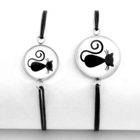   Nemesacél üveglencsés zsinóros karkötő - választható méretben - cica (0001)