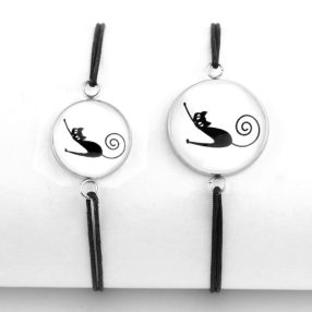   Nemesacél üveglencsés zsinóros karkötő - választható méretben - cica (0002)