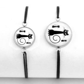   Nemesacél üveglencsés zsinóros karkötő - választható méretben - cicák (0003)