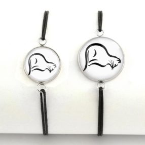   Nemesacél üveglencsés zsinóros karkötő - választható méretben - cica (0004)