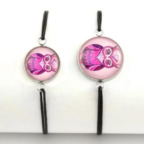   Nemesacél üveglencsés zsinóros karkötő - választható méretben - bagoly (1402)