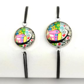   Nemesacél üveglencsés zsinóros karkötő - választható méretben - házikós életfa (2501)