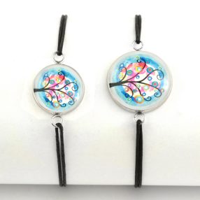   Nemesacél üveglencsés zsinóros karkötő - választható méretben - életfa (2504)