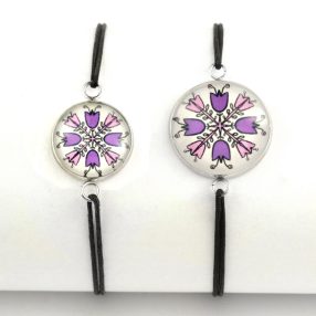   Nemesacél üveglencsés zsinóros karkötő - választható méretben - népies virágok (2907)