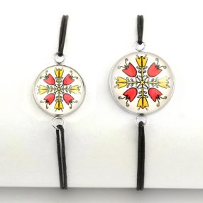   Nemesacél üveglencsés zsinóros karkötő - választható méretben - népies virágok (2909)