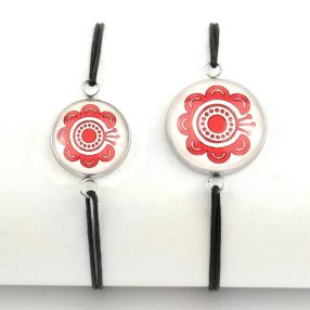   Nemesacél üveglencsés zsinóros karkötő - választható méretben - népies virág (2911)