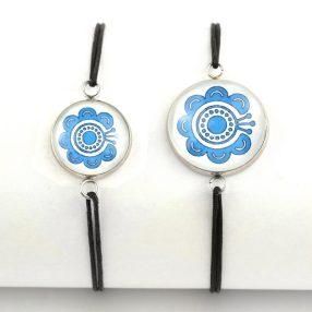   Nemesacél üveglencsés zsinóros karkötő - választható méretben - népies virág (2914)