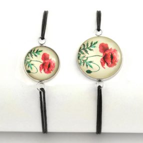   Nemesacél üveglencsés zsinóros karkötő - választható méretben - pipacsos (3000)