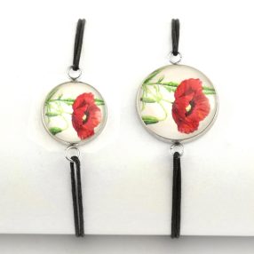   Nemesacél üveglencsés zsinóros karkötő - választható méretben - pipacsos (3001)