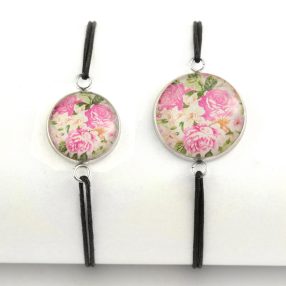   Nemesacél üveglencsés zsinóros karkötő - választható méretben - virágmintás (3400)