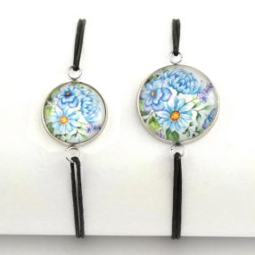   Nemesacél üveglencsés zsinóros karkötő - választható méretben - virágmintás (3401)