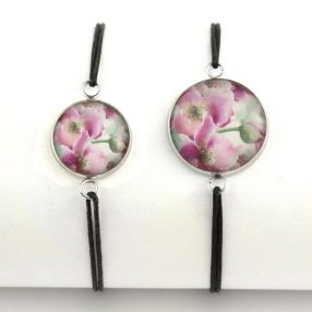   Nemesacél üveglencsés zsinóros karkötő - választható méretben - virágmintás (3402)