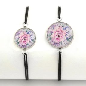   Nemesacél üveglencsés zsinóros karkötő - választható méretben - virágmintás (3403)