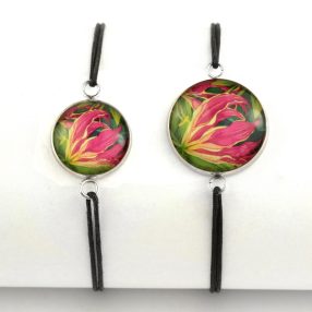   Nemesacél üveglencsés zsinóros karkötő - választható méretben - virágmintás (3404)